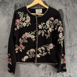Heirloom Collectibles Cardigan Sweater Women PM Black Floral Paisley Embroidered